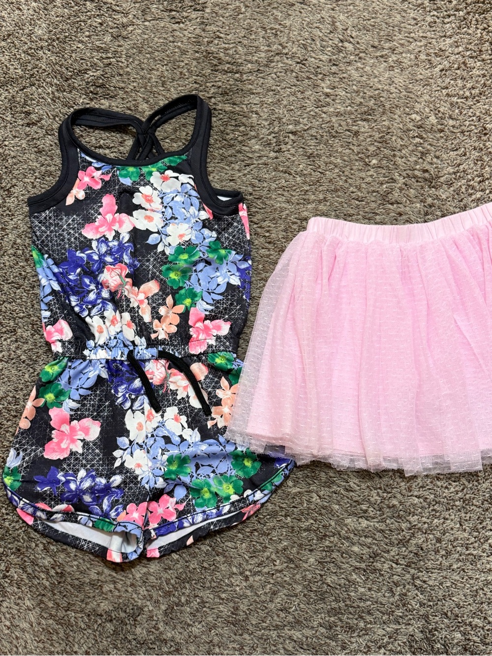 Girls Floral Black Romper with Pink Tulle Skirt